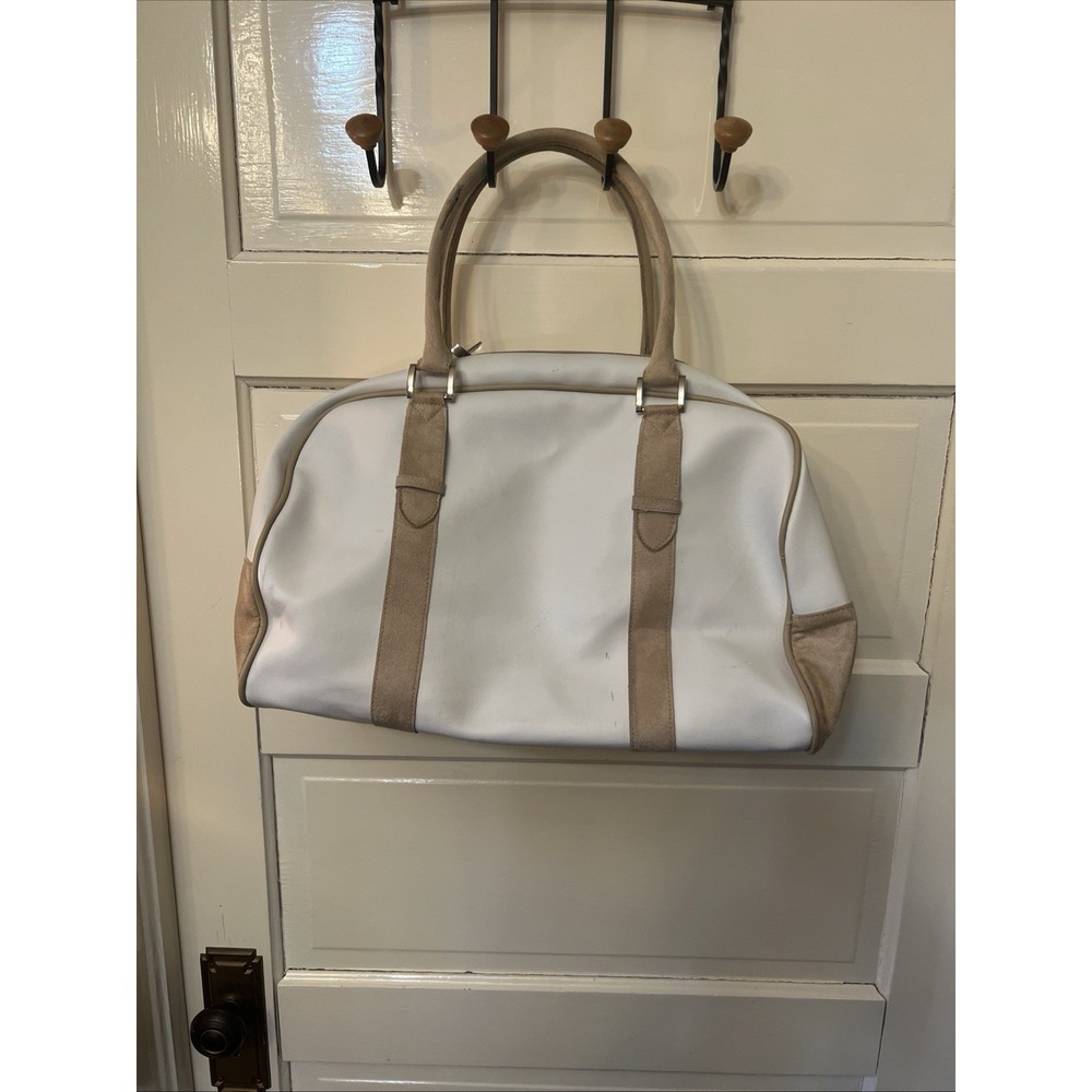 Estee Lauder Tote Bag Purse PVC Vinyl Cream Brown Suede Handles Vegan Leather